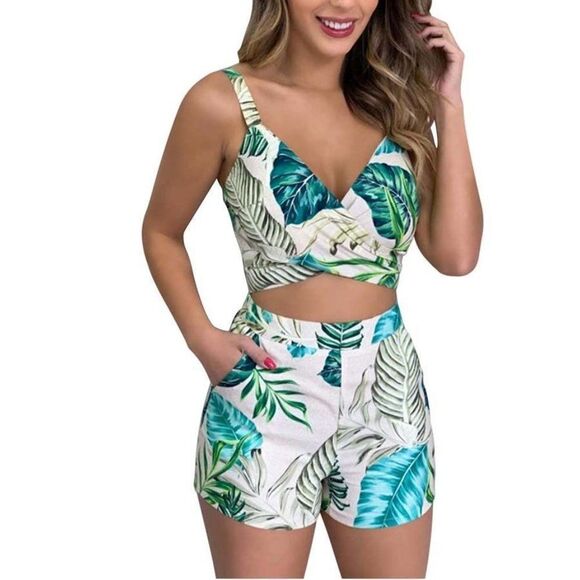 White Tropical Leaf Print Wrap Summer Playsuit - Picture 1 of 8